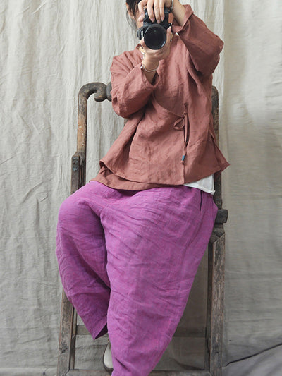 Women Vintage Autumn V-Neck Strap Loose Linen Blouse