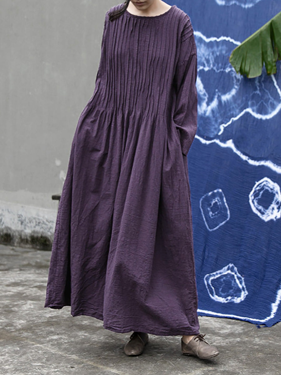 Plus  Size Women Autumn Vintage Shirred Cotton O-Neck Dress