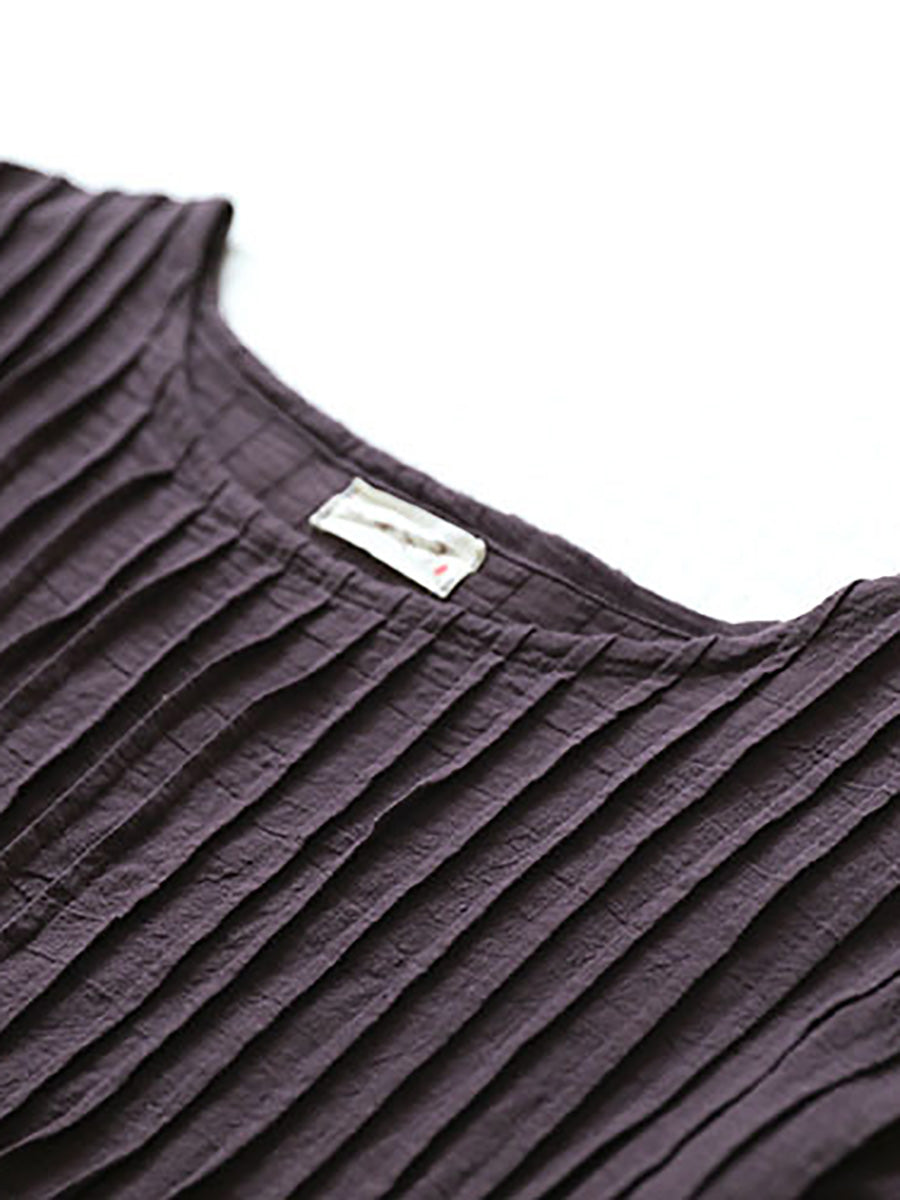 Plus  Size Women Autumn Vintage Shirred Cotton O-Neck Dress