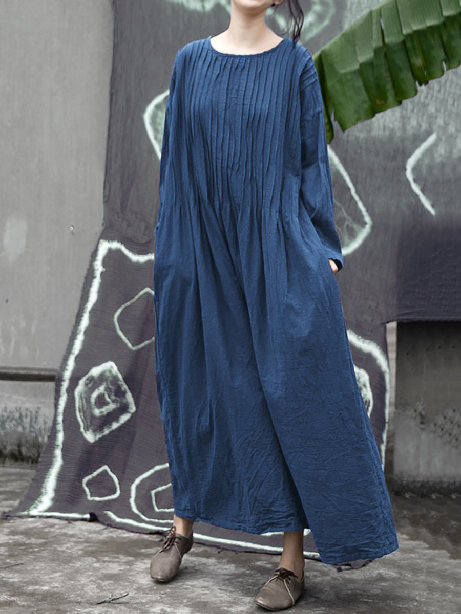 Plus  Size Women Autumn Vintage Shirred Cotton O-Neck Dress