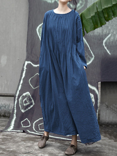 Plus  Size Women Autumn Vintage Shirred Cotton O-Neck Dress