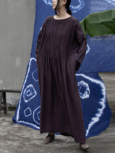 Plus  Size Women Autumn Vintage Shirred Cotton O-Neck Dress