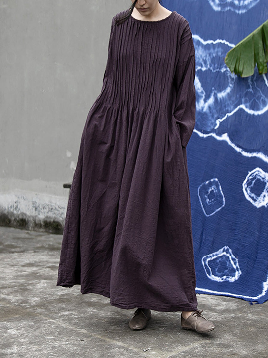 Plus  Size Women Autumn Vintage Shirred Cotton O-Neck Dress