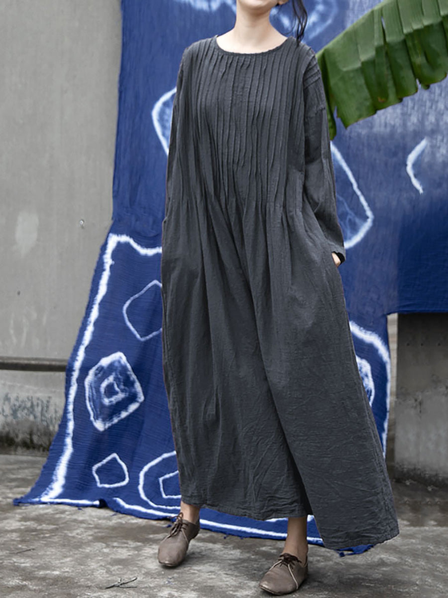 Plus  Size Women Autumn Vintage Shirred Cotton O-Neck Dress