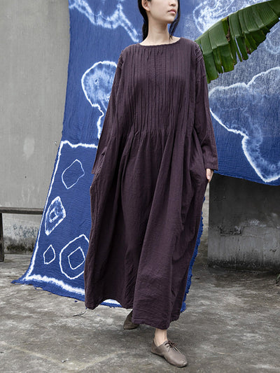 Plus  Size Women Autumn Vintage Shirred Cotton O-Neck Dress