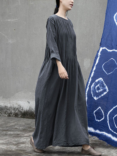 Plus  Size Women Autumn Vintage Shirred Cotton O-Neck Dress