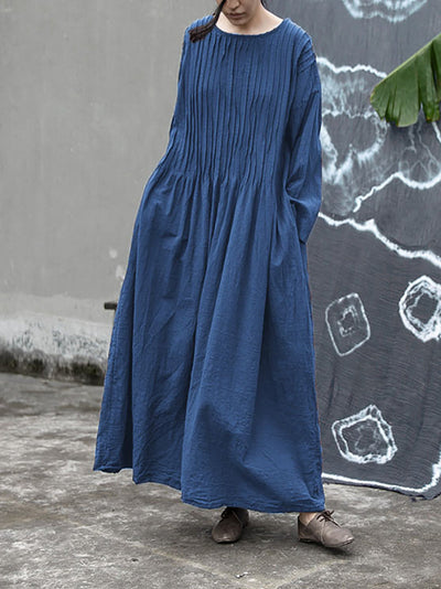 Plus  Size Women Autumn Vintage Shirred Cotton O-Neck Dress