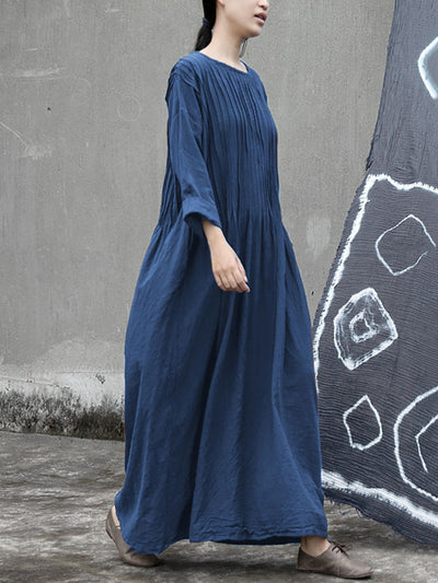 Plus  Size Women Autumn Vintage Shirred Cotton O-Neck Dress