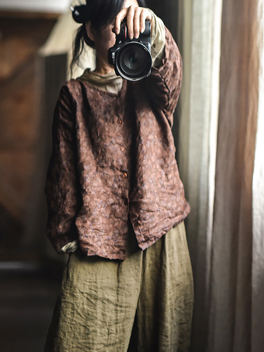 Women Vintage Autumn Flower Button-up Shirt