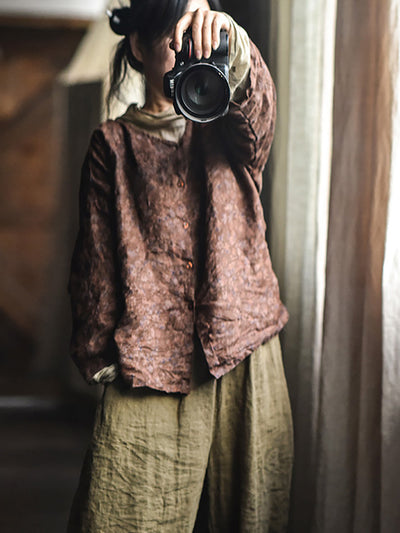 Women Vintage Autumn Flower Button-up Shirt