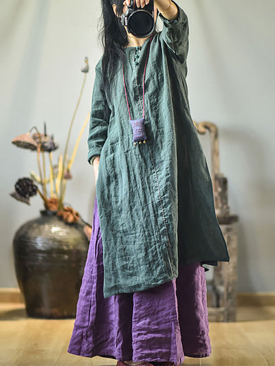 Women Vintage Autumn Solid O-Neck Buckle Dress