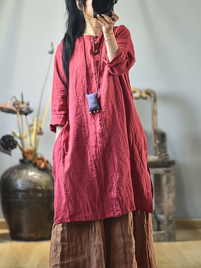 Women Vintage Autumn Solid O-Neck Buckle Dress