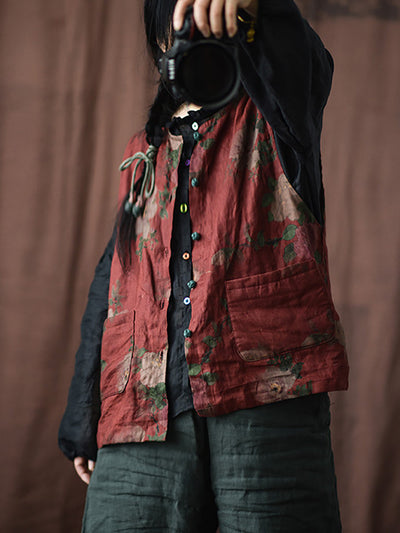 Women Vintage Flower O-Neck Thin Linen Vest