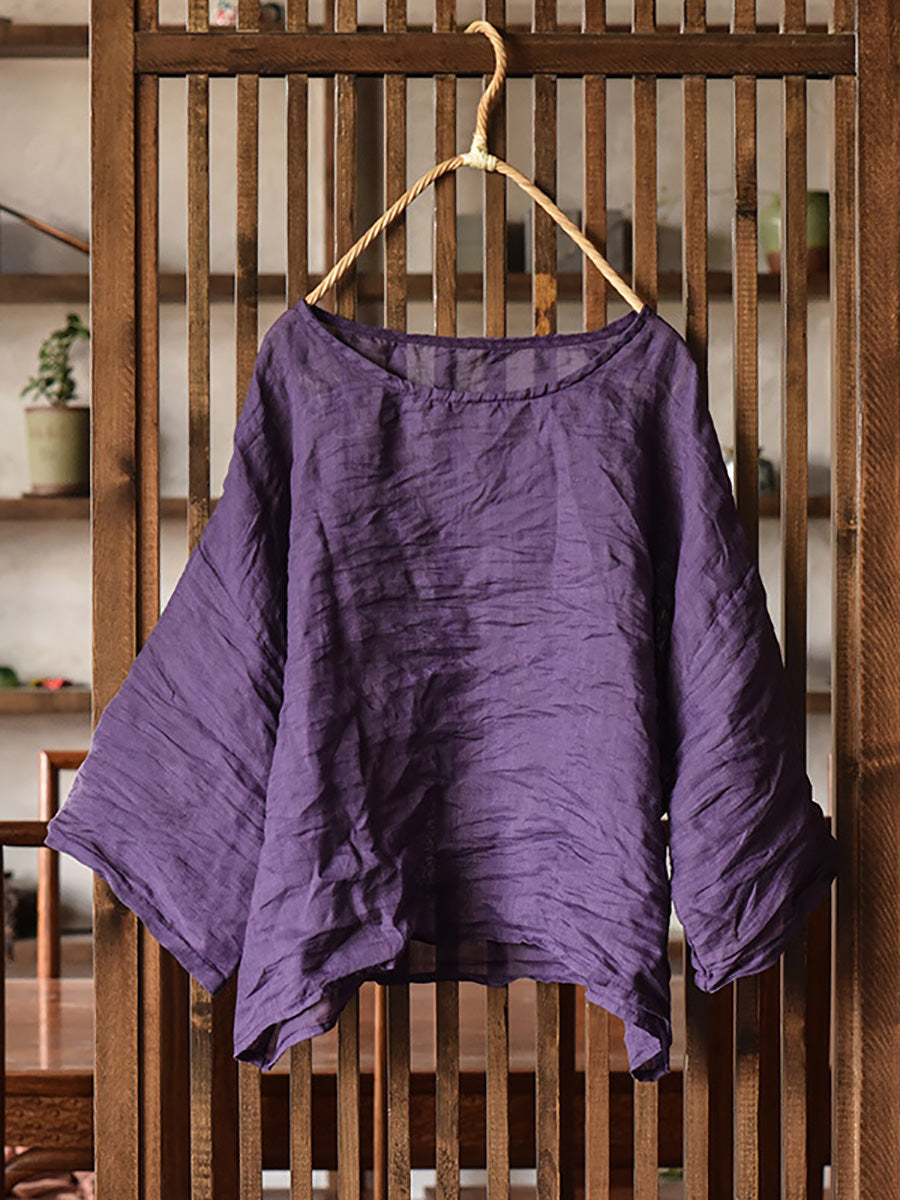 Plus Size Women Vintage Autumn Pure Color O-Neck Shirt