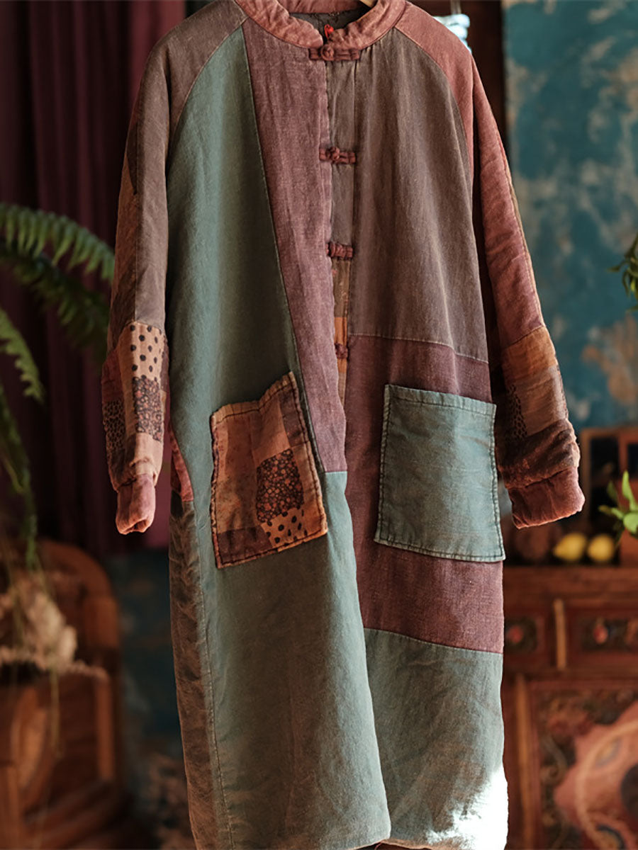 Women Vintage Autumn Patch Spliced Long Cotton Robe Coat