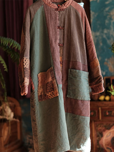 Women Vintage Autumn Patch Spliced Long Cotton Robe Coat