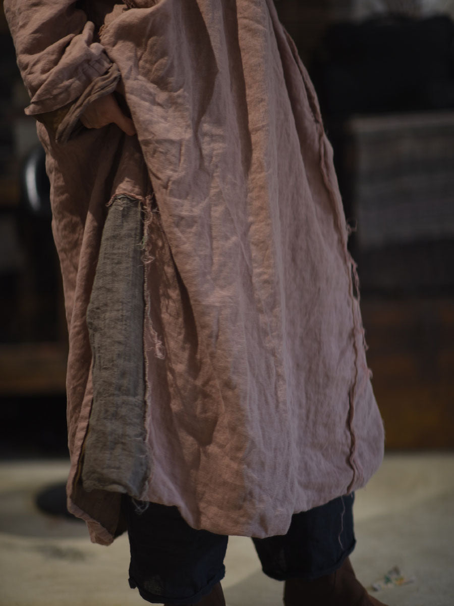 Women Retro Autumn Colorblock Linen Robe Dress