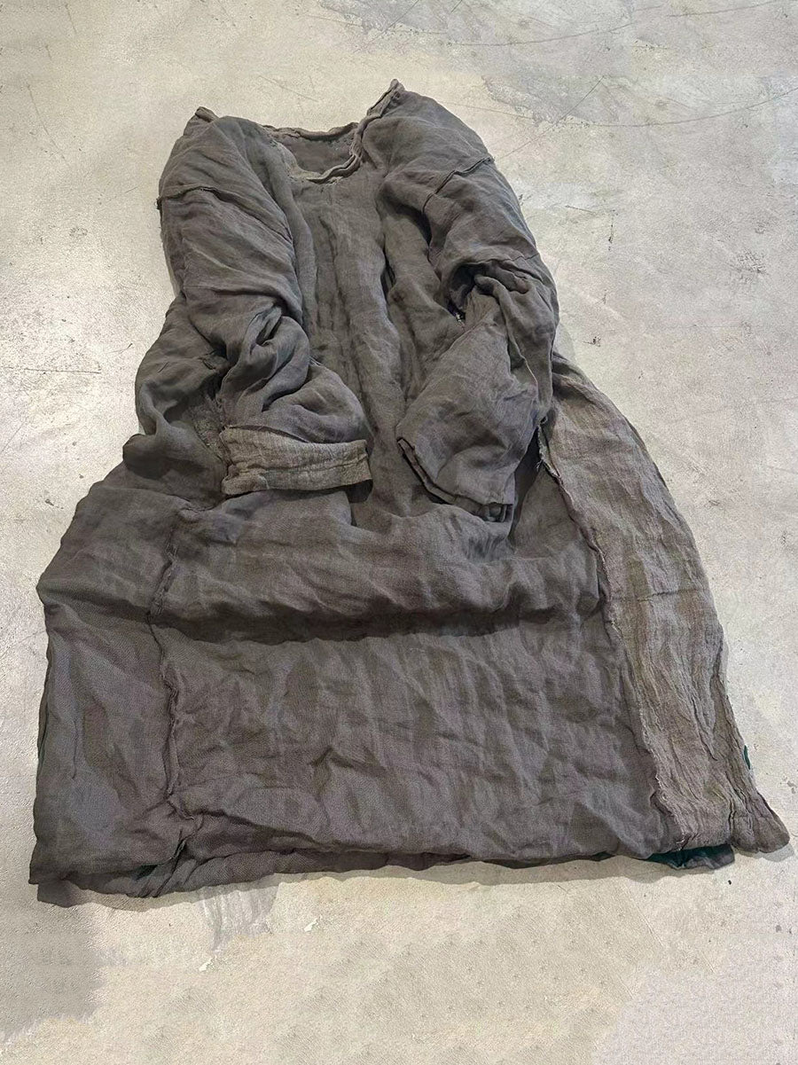 Women Retro Autumn Colorblock Linen Robe Dress