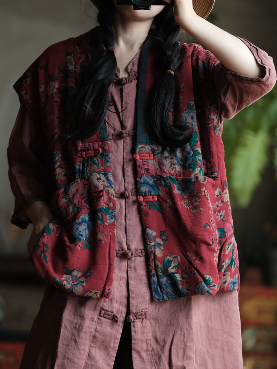 Plus Size Women Ethnic Autumn Flower V-Neck Cotton Vest