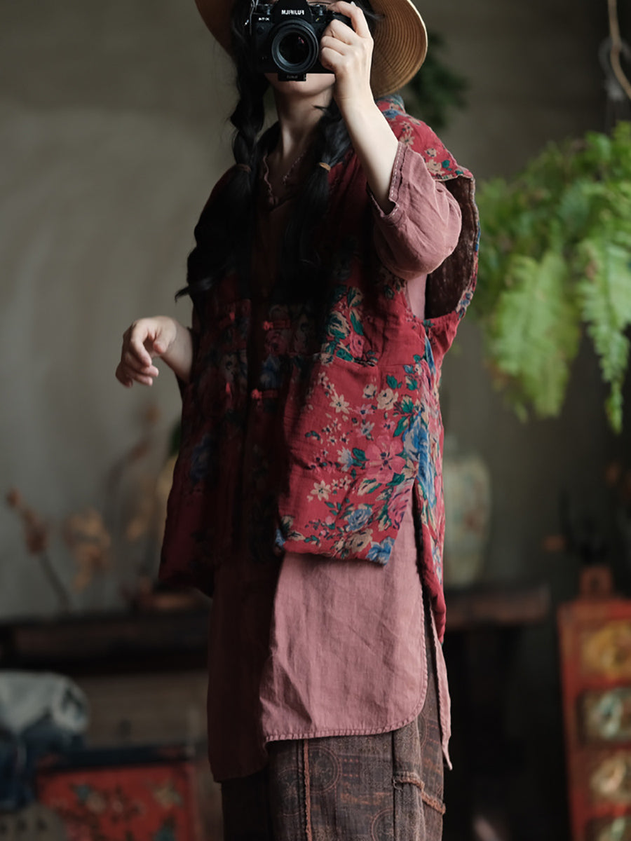 Plus Size Women Ethnic Autumn Flower V-Neck Cotton Vest