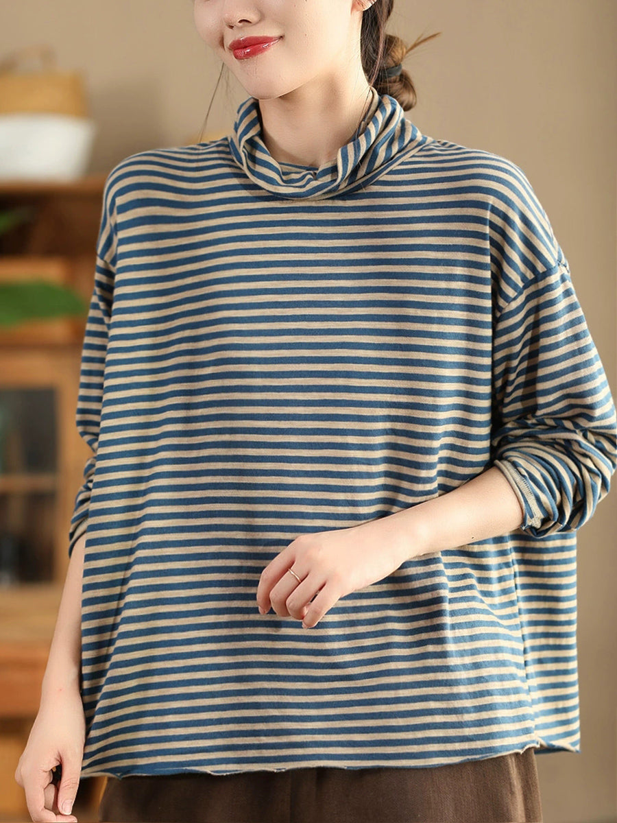 Plus Size Women Autumn Casual Stripe Turtleneck Cotton Blouse
