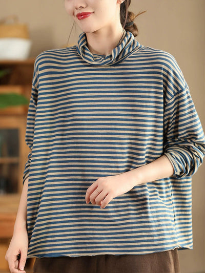 Plus Size Women Autumn Casual Stripe Turtleneck Cotton Blouse