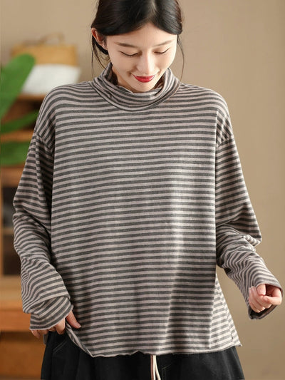 Plus Size Women Autumn Casual Stripe Turtleneck Cotton Blouse