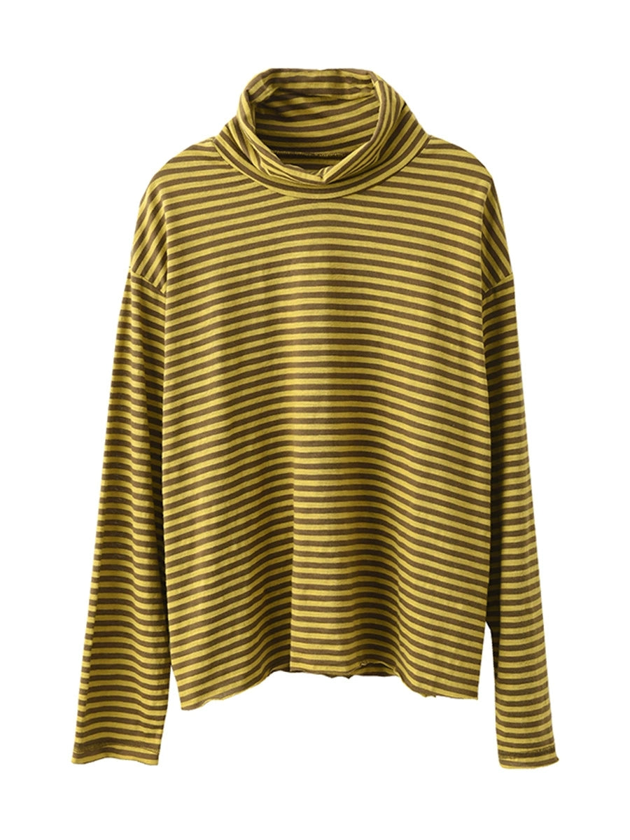 Plus Size Women Autumn Casual Stripe Turtleneck Cotton Blouse