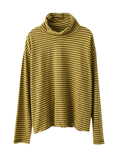 Plus Size Women Autumn Casual Stripe Turtleneck Cotton Blouse