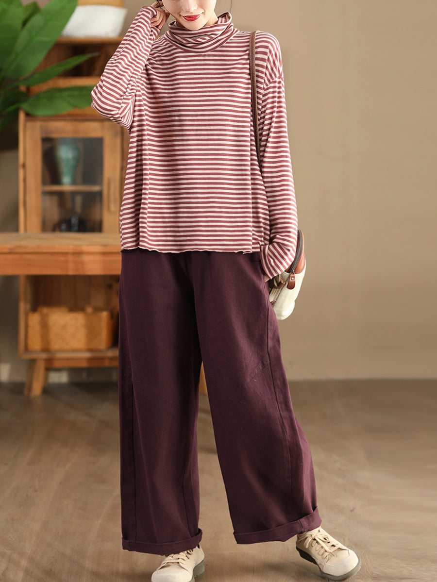 Plus Size Women Autumn Casual Stripe Turtleneck Cotton Blouse