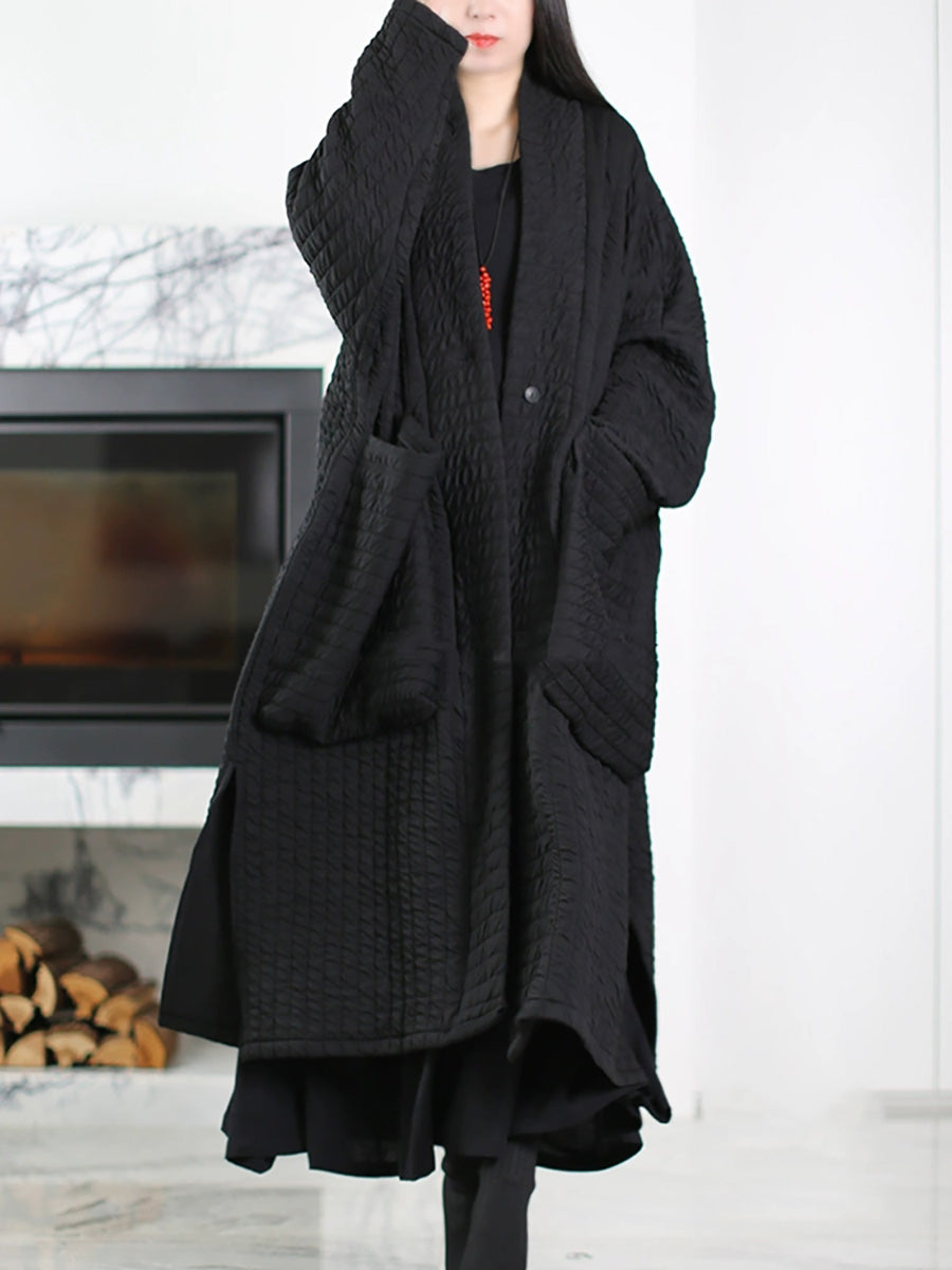 Women Autumn Pure Color V-Neck Padded Long Coat