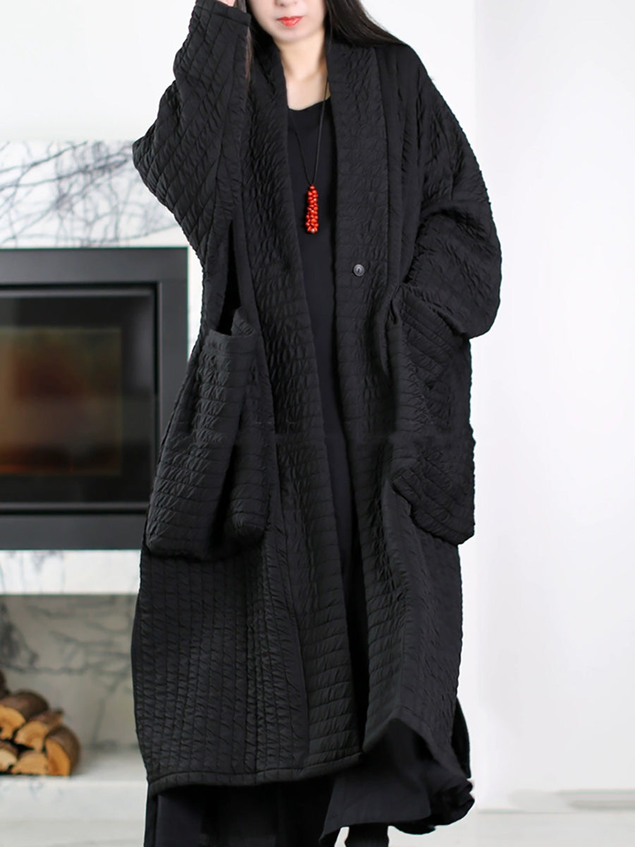 Women Autumn Pure Color V-Neck Padded Long Coat