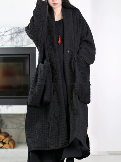 Women Autumn Pure Color V-Neck Padded Long Coat