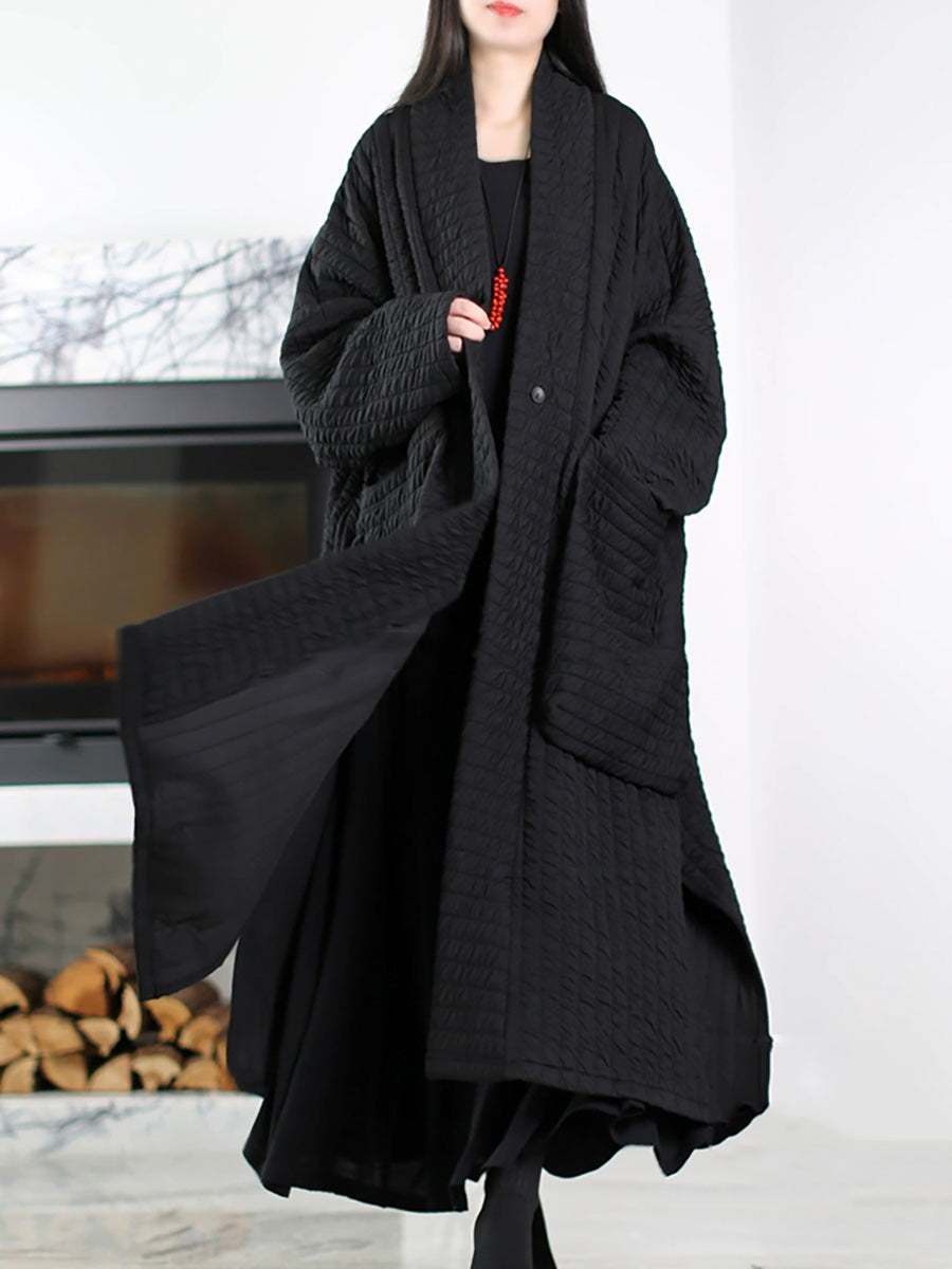 Women Autumn Pure Color V-Neck Padded Long Coat