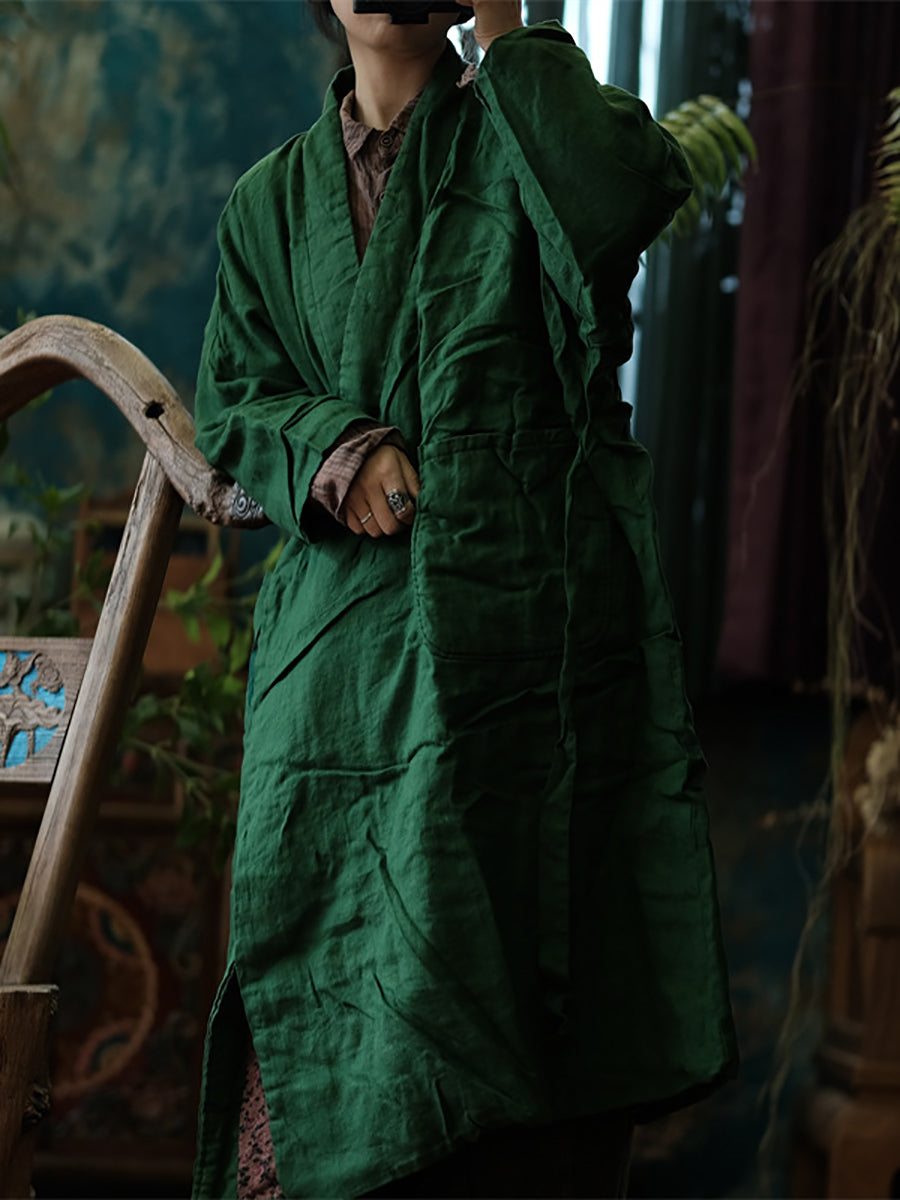 Women Vintage Autumn Solid V-Neck 100%Linen Robe Coat