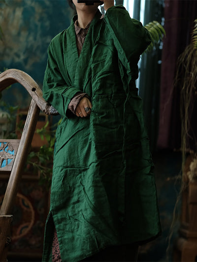 Women Vintage Autumn Solid V-Neck 100%Linen Robe Coat
