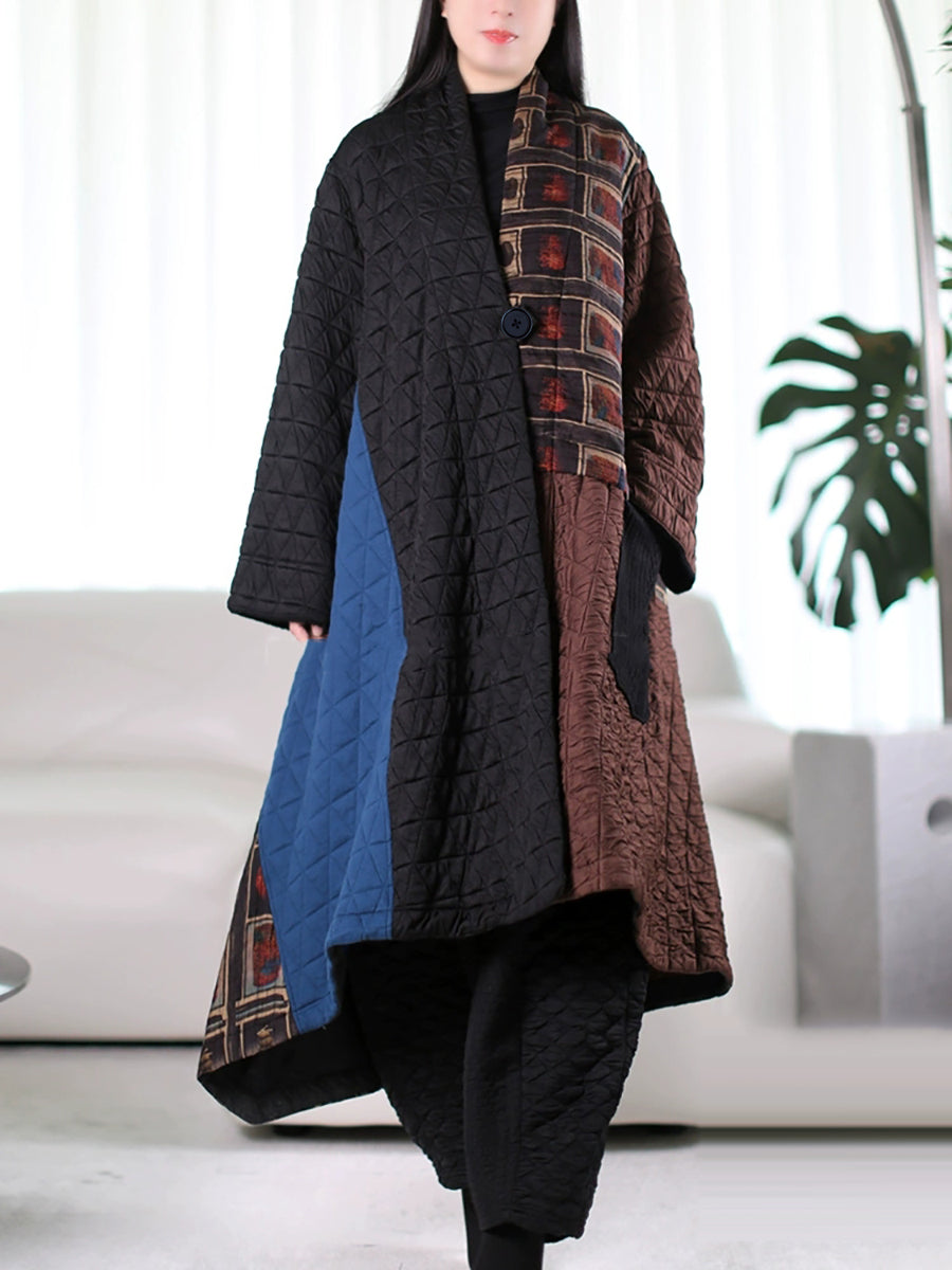 Plus Size Women Autumn Ethnic Colorblock Padded Coat