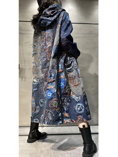 Women Autumn Vintage Flower Hooded Denim Long Coat