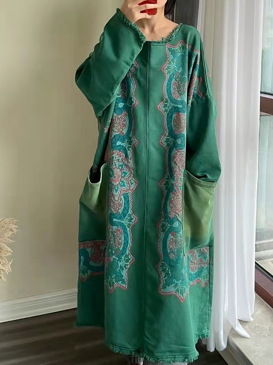 Women Vintage Autumn Flower Spliced O-Neck Dress