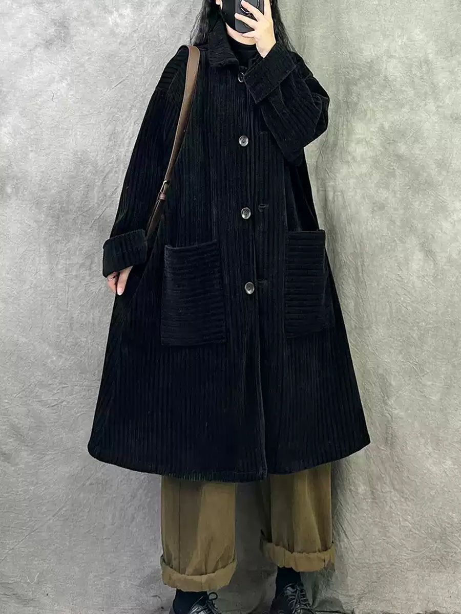 Women Autumn Vintage Turn-down Collar Solid Fleece Coat