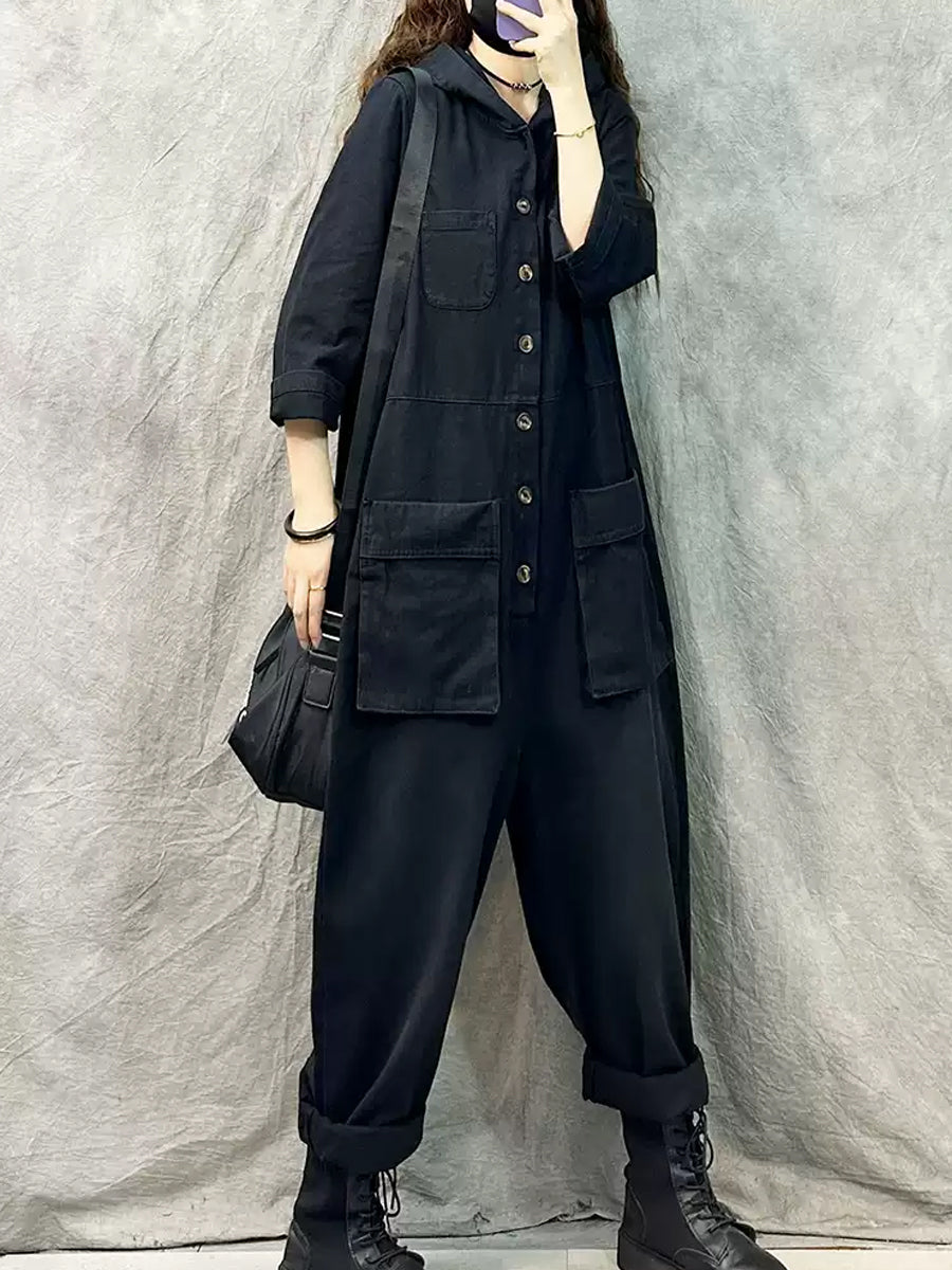 Plus Size Women Vintage Solid Denim Long Sleeve Hooded Jumpsuits