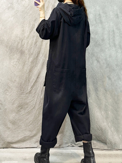 Plus Size Women Vintage Solid Denim Long Sleeve Hooded Jumpsuits