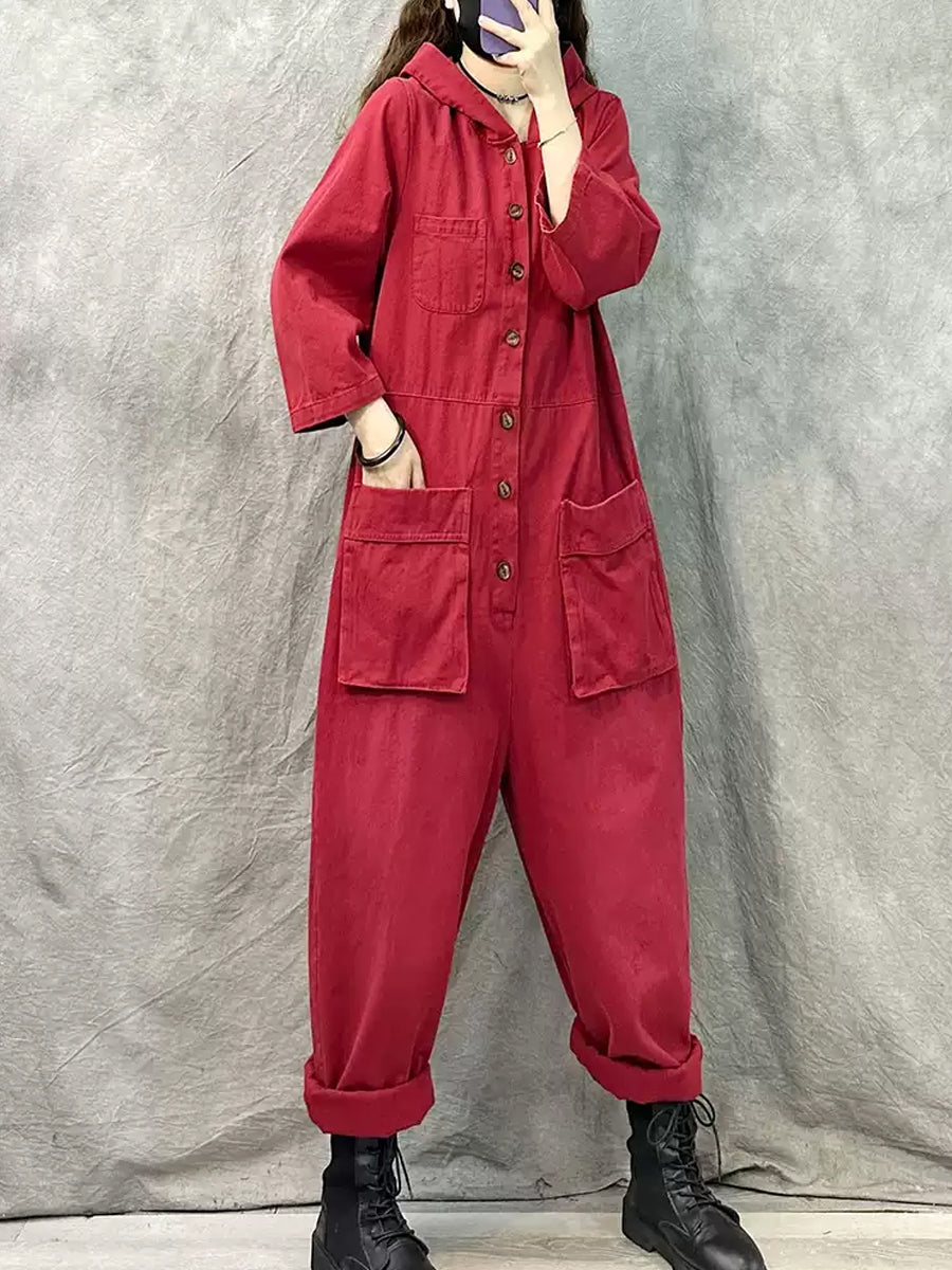 Plus Size Women Vintage Solid Denim Long Sleeve Hooded Jumpsuits