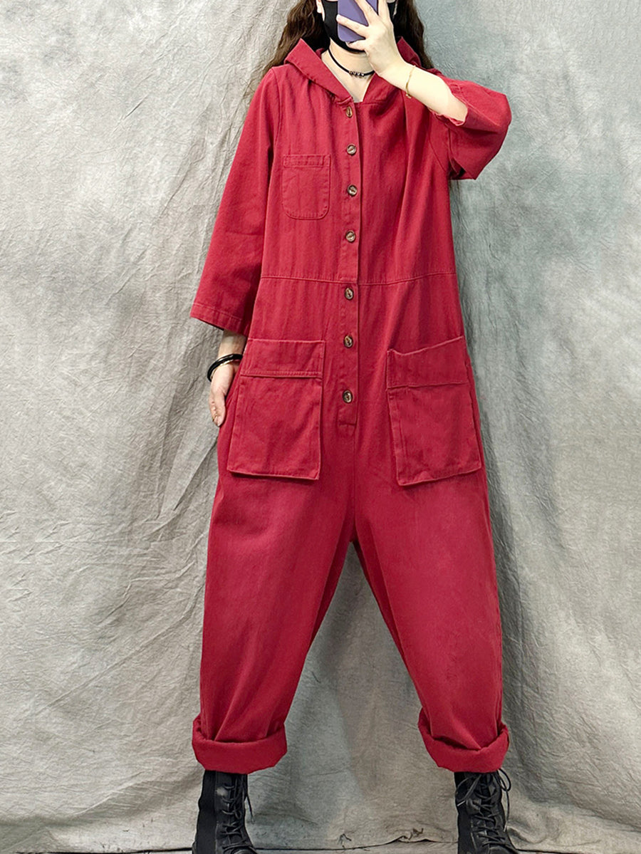 Plus Size Women Vintage Solid Denim Long Sleeve Hooded Jumpsuits