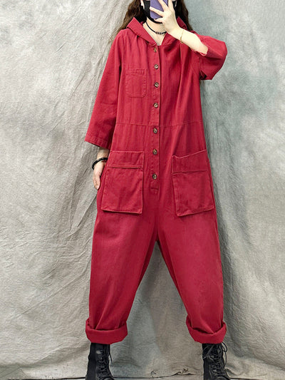 Plus Size Women Vintage Solid Denim Long Sleeve Hooded Jumpsuits