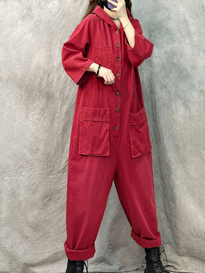 Plus Size Women Vintage Solid Denim Long Sleeve Hooded Jumpsuits