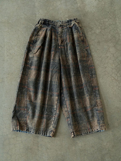 Plus Size Women Winter Retro Flower Denim Spliced Wide-leg Pants