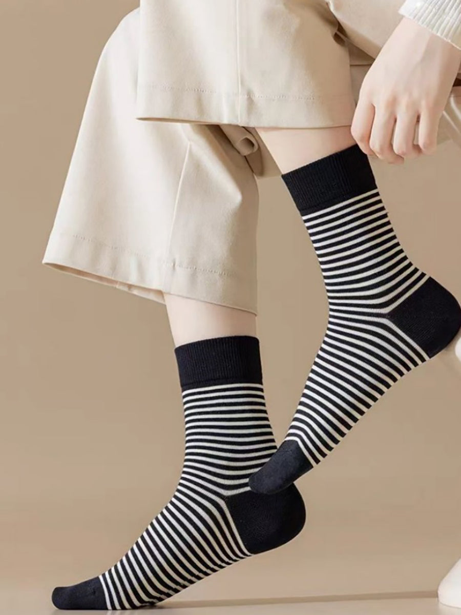 5 Pairs Women Autumn Stripe Cotton Mid-Heel Socks
