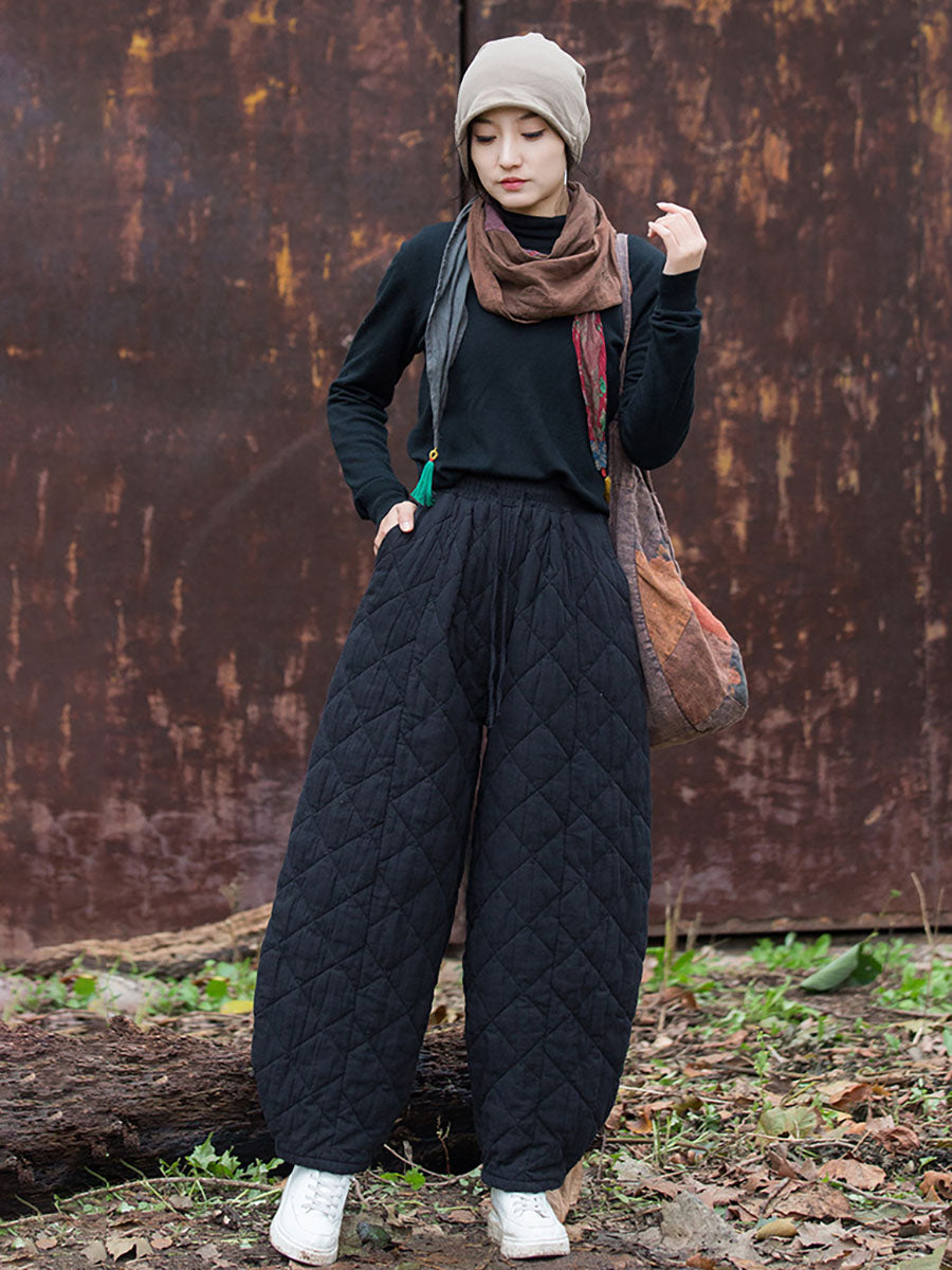 Women Winter Retro Solid Padded Cotton Harem Pants