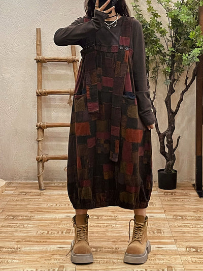 Plus Size Women Autumn Retro Patch Spliced Overall Dress